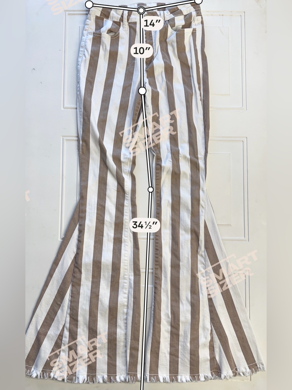 Saints & Hearts Women’s Sz M Long Brown White Striped Bell Bottom Pants Jeans - Picture 4 of 5
